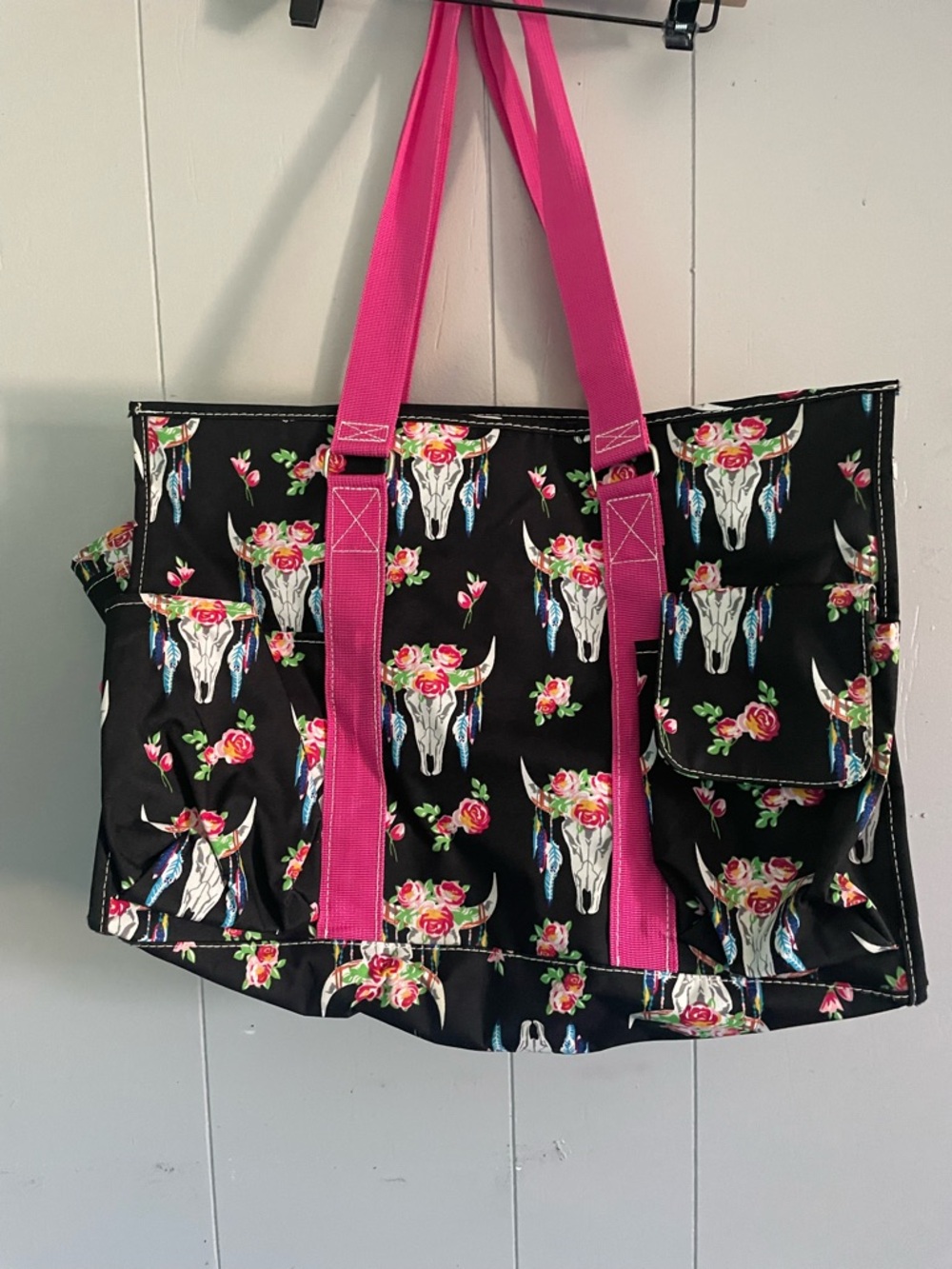 Black Floral Steer Skull Canvas Tote with Hot Pink Straps